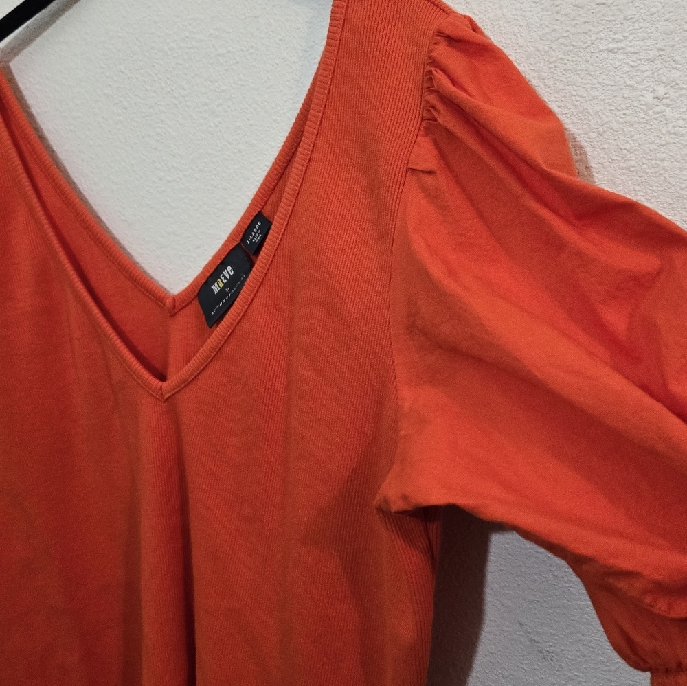 Maeve Bright Orange Puff-Sleeve V-Neck Top - Picture 5 of 13